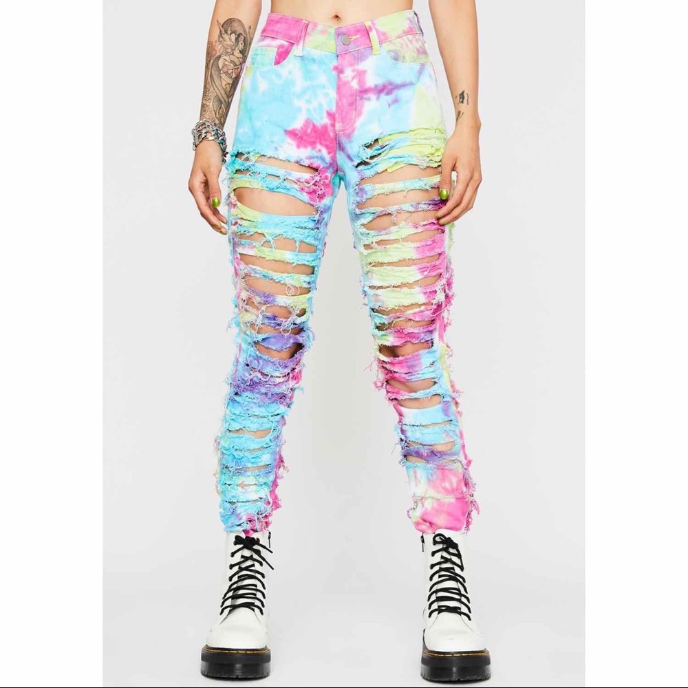 🆕 Tie Dye Rainbow Slashed Mom Jeans